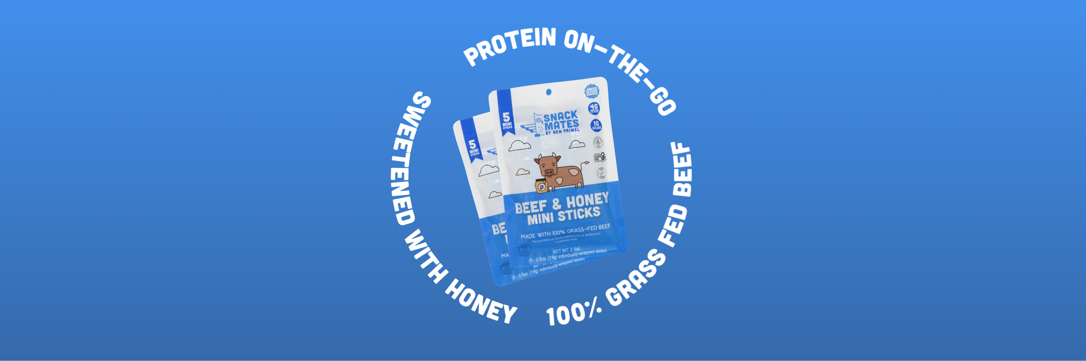 Protein snack package on a blue background with text "Protein-On-the-go, sweetened with honey, 100% grass fed"