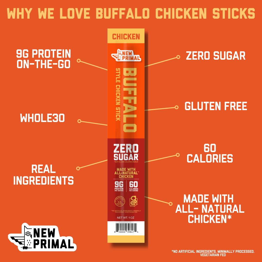 an orange drenched graphic with the buffalo chicken stick calling out 9g of protein, on the go, zero sugar, whole30, gluten free, real ingredients, 60 calories, and made with all natural chicken.