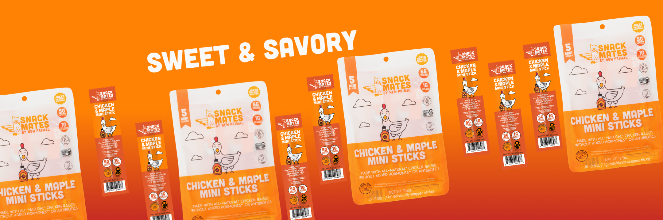 Packaging of 'Chicken & Maple Mini Sticks' with 'Snack Mates' branding on an orange background "Sweet & Savory"