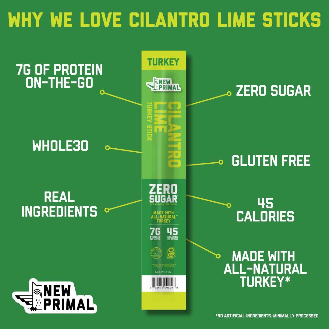 a single cilantro lime turkey stick on a green background with the callouts 7g of protein, on the go, zero sugar, whole30, gluten free, real ingredients, 45 calories, and made with all natural turkey.