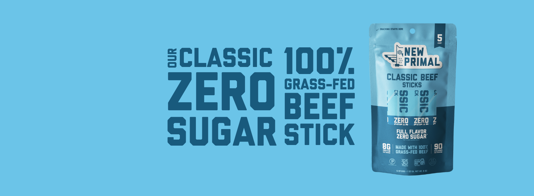 New Primal Classic Beef Stick package on a blue background with text "zero sugar 100% grass-fed beef."