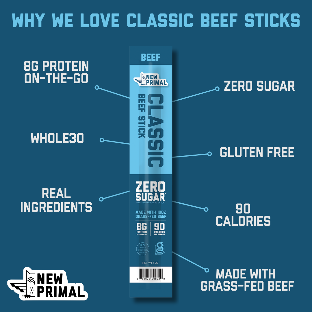 a single classic beef stick on a blue background with the callouts 8g of protein, on the go, zero sugar, whole30, gluten free, real ingredients, 90 calories, and made with grass fed beef.