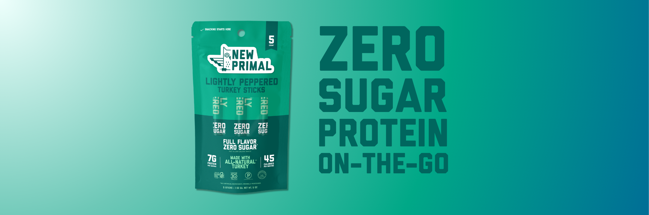 New Primal Lightly Peppered Turkey stick on a teal background with text "Zero Sugar Protein on-the-go"