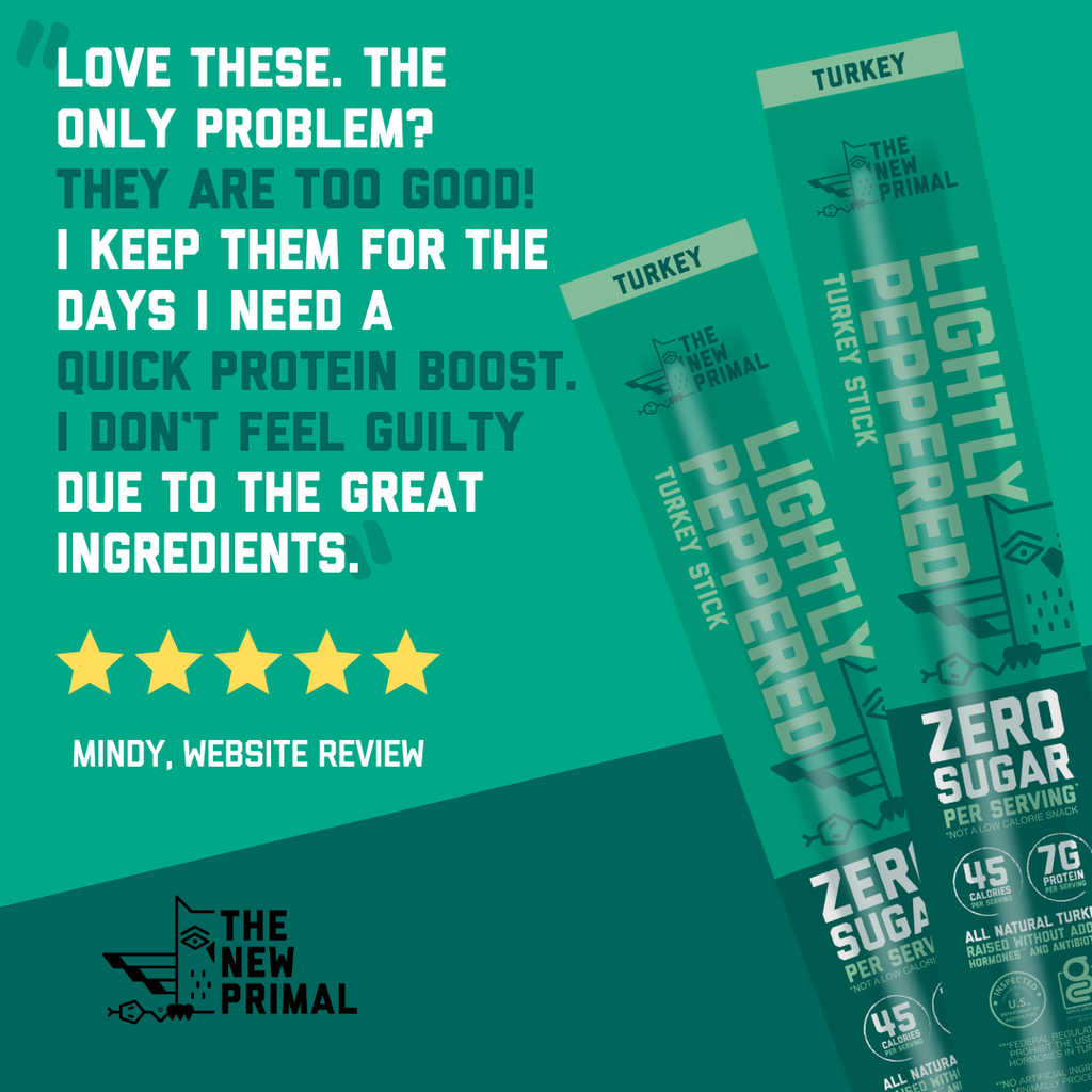 a green graphic with lightly peppered turkey sticks angled on the right. The left contains a customer review from Mindy which states, "Love these. The only problem? They are too good! I keep them for days I need a quick protein boost. I don't feel guilty due to the ingredients." 5 stars