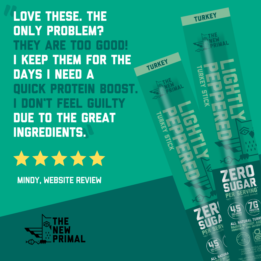 a green graphic with lightly peppered turkey sticks angled on the right. The left contains a customer review from Mindy which states, "Love these. The only problem? They are too good! I keep them for days I need a quick protein boost. I don't feel guilty due to the ingredients." 5 stars