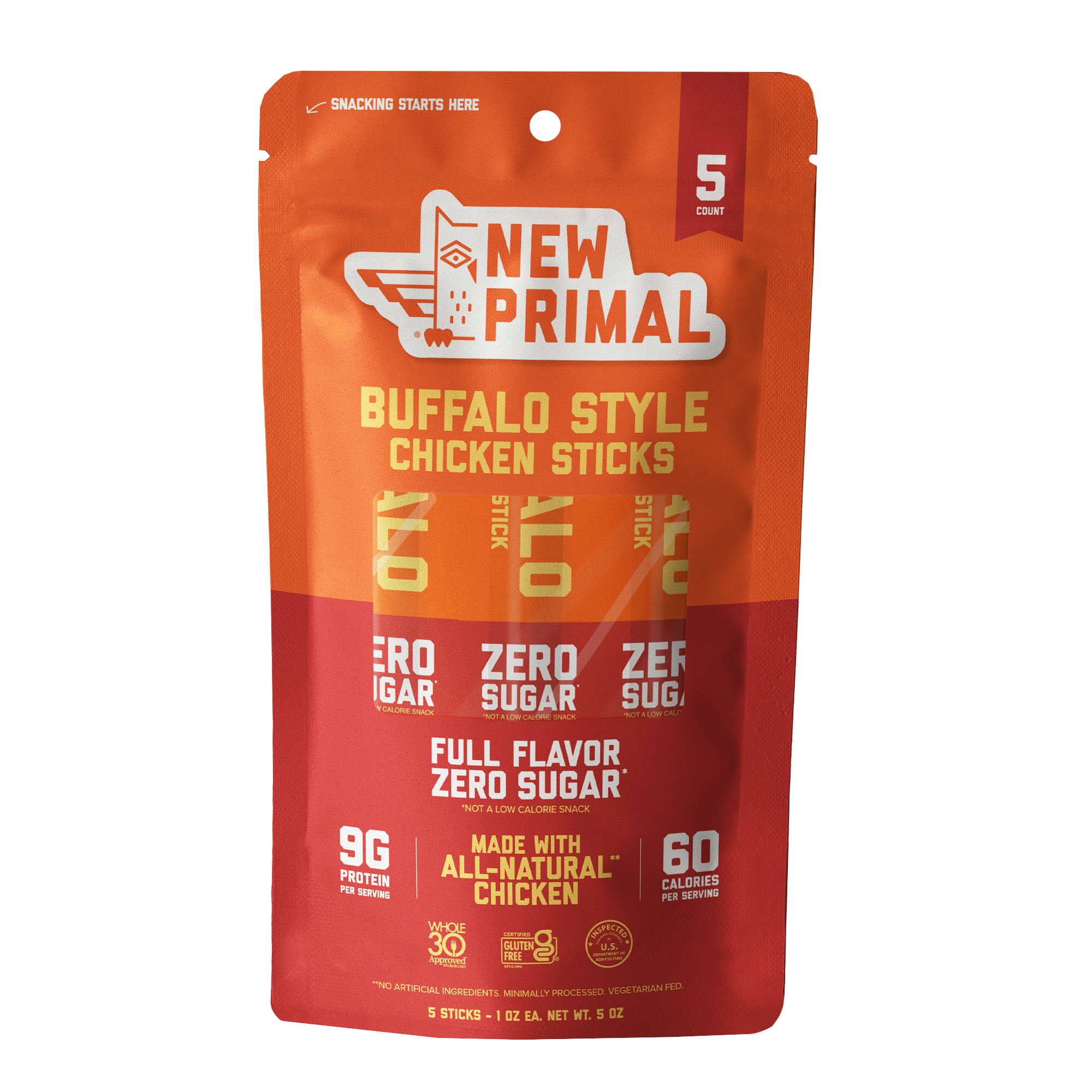 an orange and dark orange back with 5 buffalo style chicken sticks in it highlighting 9g of protein, 60 calories, and zero sugar, all against a white background