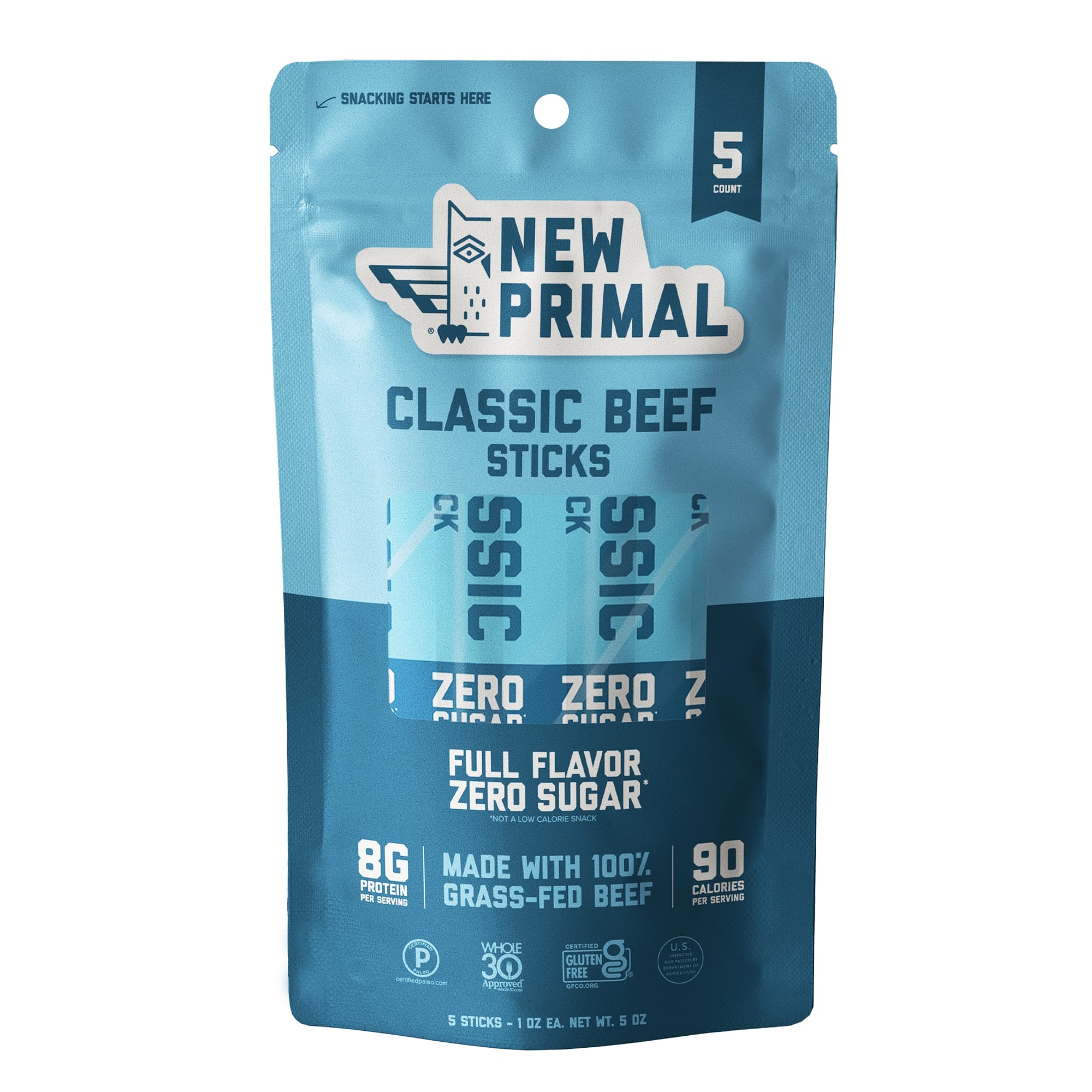 a two tone blue bag of 5 Classic Beef sticks with callouts for 8g of protein, 90 calories, and full flavor with zero sugar.