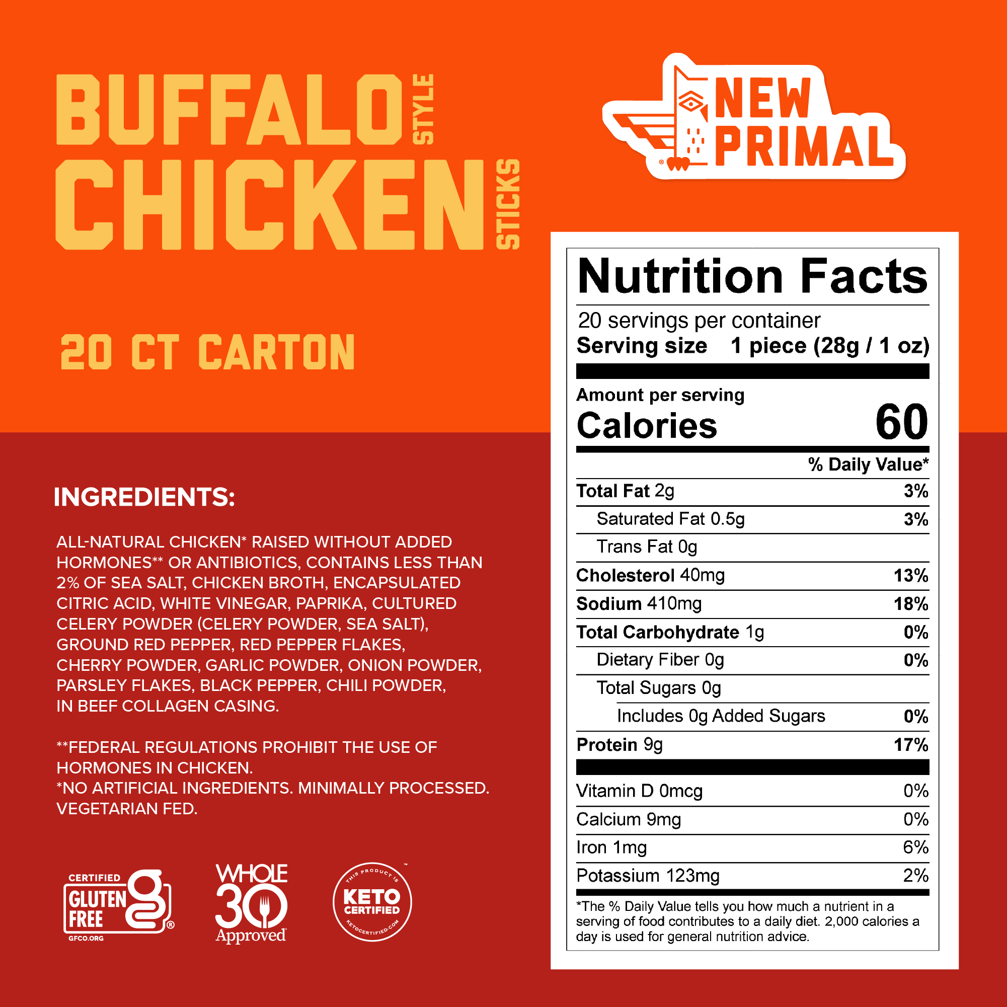 an orange graphic calling out product ingredients which are All-Natural Chicken* Raised Without Added Hormones** or Antibiotics, Sea Salt, Contains Less Than 2% of Chicken Broth, Encapsulated Citric Acid, White Vinegar, Paprika, Cultured Celery Powder, Ground Red Pepper, Red Pepper Flakes, Cherry Powder, Garlic Powder, Onion Powder, Parsley Flakes, Black Pepper, Chili Powder, In Beef Collagen Casing. A white NFP highlights 60 cals per serving, 2g of fat, 0g of sugar, 9g of protein