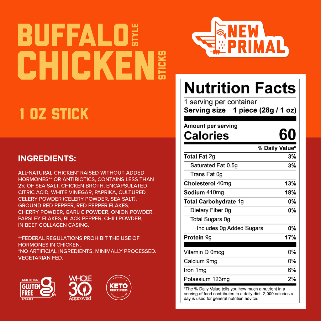 an orange graphic calling out product ingredients which are All-Natural Chicken* Raised Without Added Hormones** or Antibiotics, Sea Salt, Contains Less Than 2% of Chicken Broth, Encapsulated Citric Acid, White Vinegar, Paprika, Cultured Celery Powder, Ground Red Pepper, Red Pepper Flakes, Cherry Powder, Garlic Powder, Onion Powder, Parsley Flakes, Black Pepper, Chili Powder, In Beef Collagen Casing. A white NFP highlights 60 cals per serving, 2g of fat, 0g of sugar, 9g of protein
