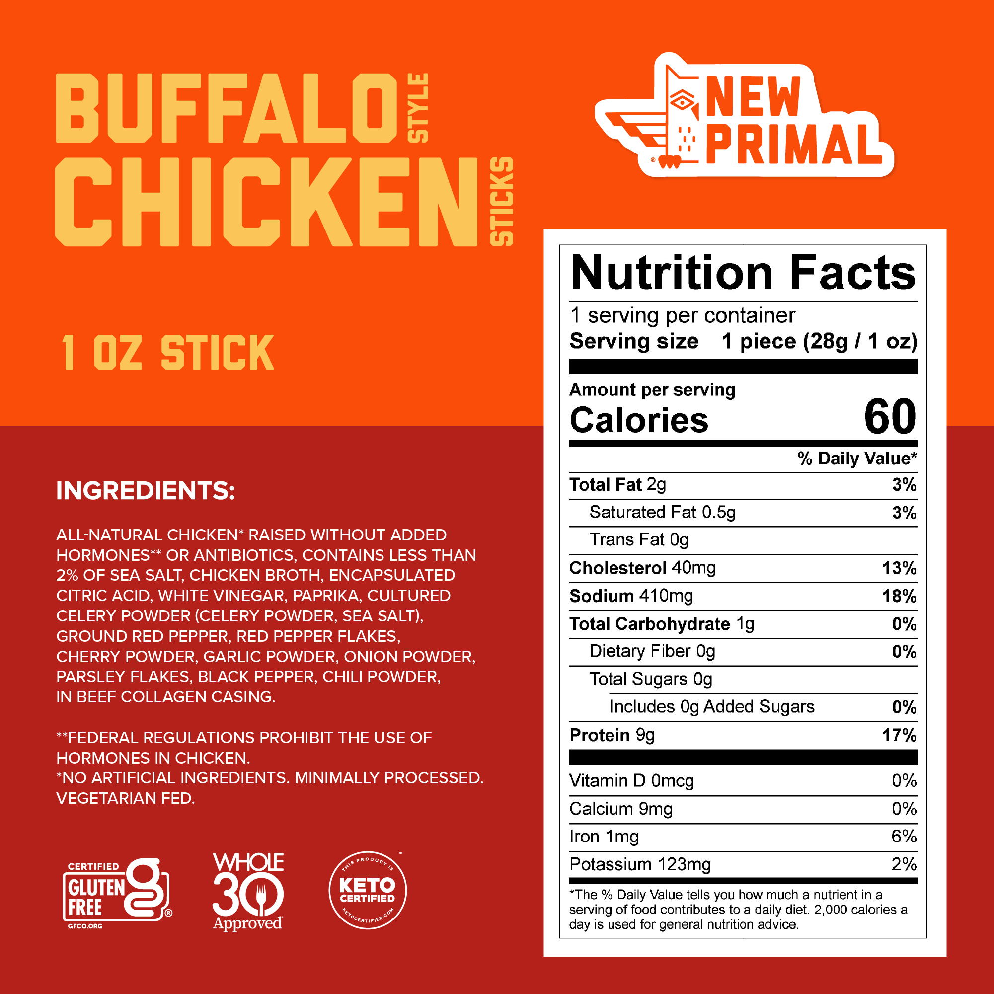 an orange graphic calling out product ingredients which are All-Natural Chicken* Raised Without Added Hormones** or Antibiotics, Sea Salt, Contains Less Than 2% of Chicken Broth, Encapsulated Citric Acid, White Vinegar, Paprika, Cultured Celery Powder, Ground Red Pepper, Red Pepper Flakes, Cherry Powder, Garlic Powder, Onion Powder, Parsley Flakes, Black Pepper, Chili Powder, In Beef Collagen Casing. A white NFP highlights 60 cals per serving, 2g of fat, 0g of sugar, 9g of protein