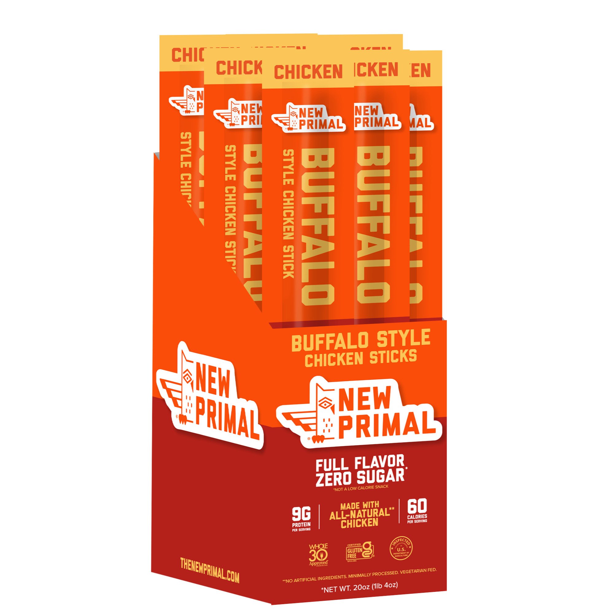 Packaging of New Primal Buffalo Style Chicken Sticks on a white background