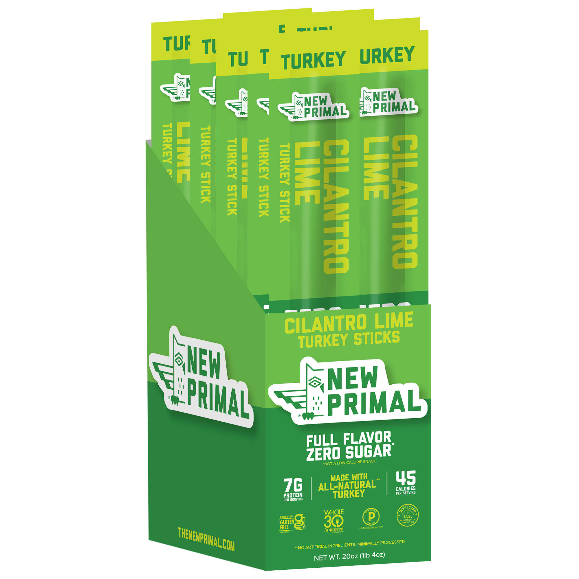 Packaging of New Primal Cilantro Lime Turkey Sticks on a white background