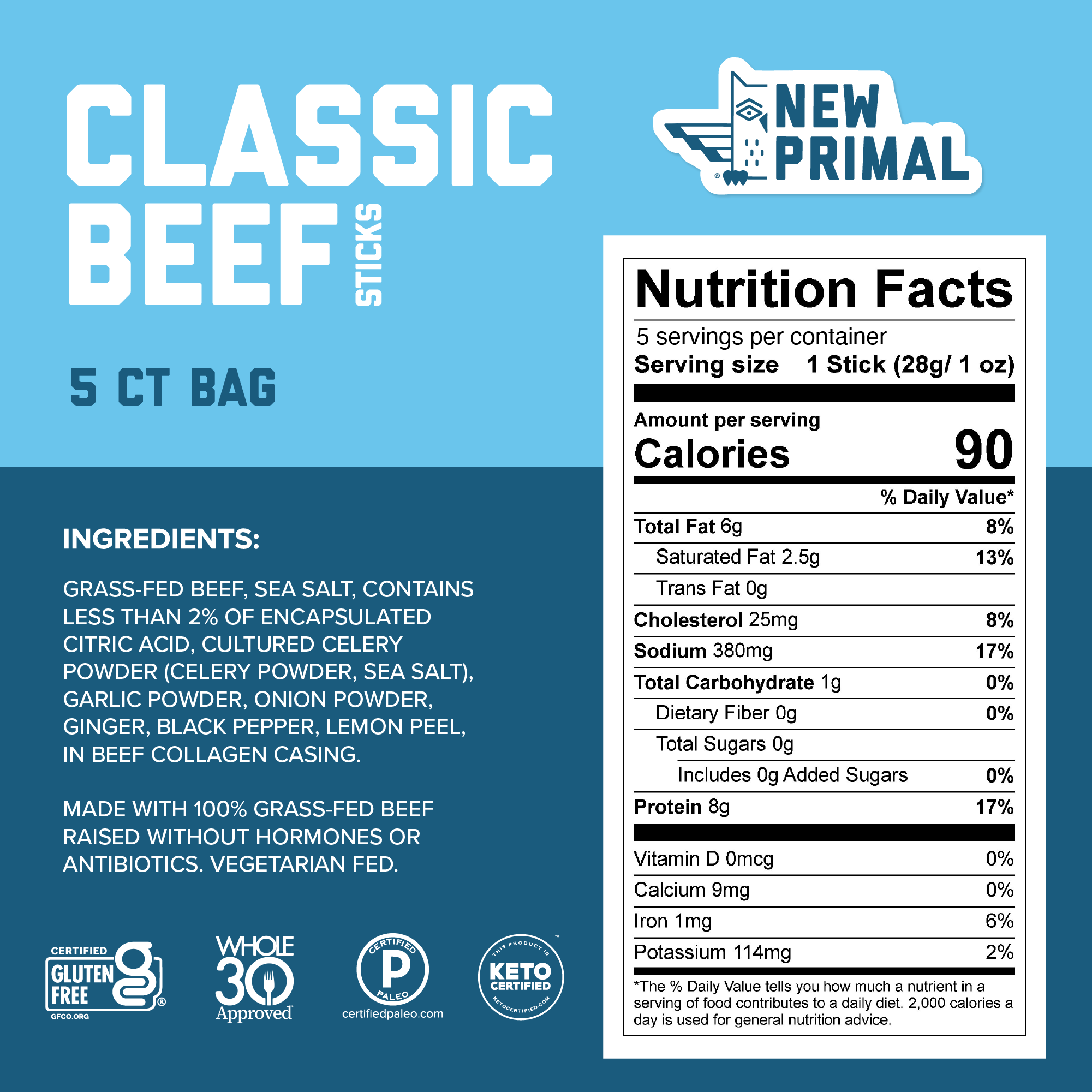 A two tone blue graphic with ingredients for Classic Beef sticks which includeGrass-Fed Beef, Sea Salt, Contains Less Than 2% of Encapsulated Citric Acid, Cultured Celery Powder, Garlic Powder, Onion Powder, Ginger, Black Pepper, Lemon Peel, In Beef Collagen Casing. A white NFP highlights 90 cals, 6g of fat, 0g of sugar, and 8g of protein.