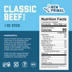 A two tone blue graphic with ingredients for Classic Beef sticks which includeGrass-Fed Beef, Sea Salt, Contains Less Than 2% of Encapsulated Citric Acid, Cultured Celery Powder, Garlic Powder, Onion Powder, Ginger, Black Pepper, Lemon Peel, In Beef Collagen Casing. A white NFP highlights 90 cals, 6g of fat, 0g of sugar, and 8g of protein.