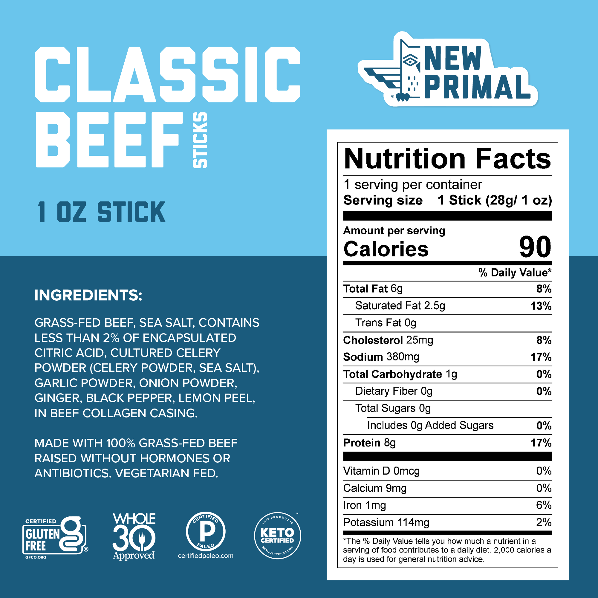 A two tone blue graphic with ingredients for Classic Beef sticks which includeGrass-Fed Beef, Sea Salt, Contains Less Than 2% of Encapsulated Citric Acid, Cultured Celery Powder, Garlic Powder, Onion Powder, Ginger, Black Pepper, Lemon Peel, In Beef Collagen Casing. A white NFP highlights 90 cals, 6g of fat, 0g of sugar, and 8g of protein.