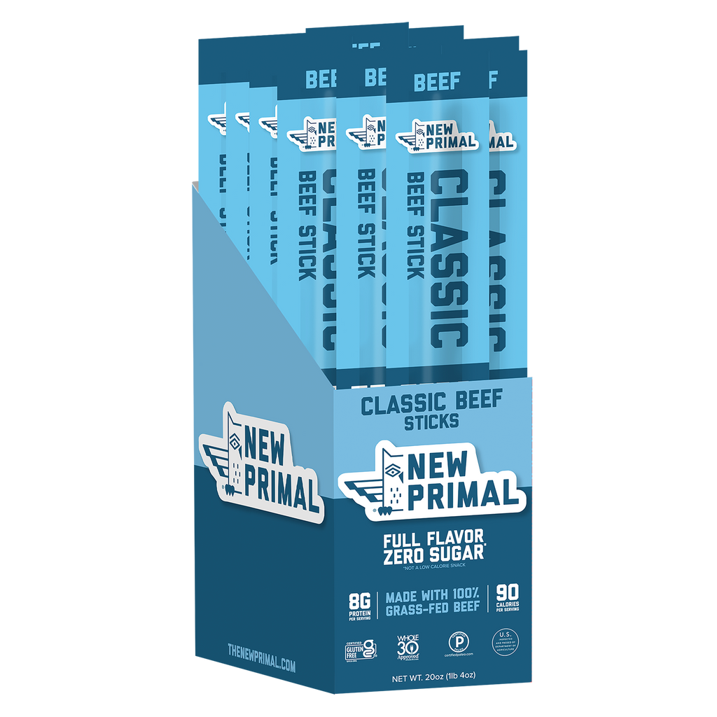 Packaging of New Primal Classic Beef Sticks on a white background