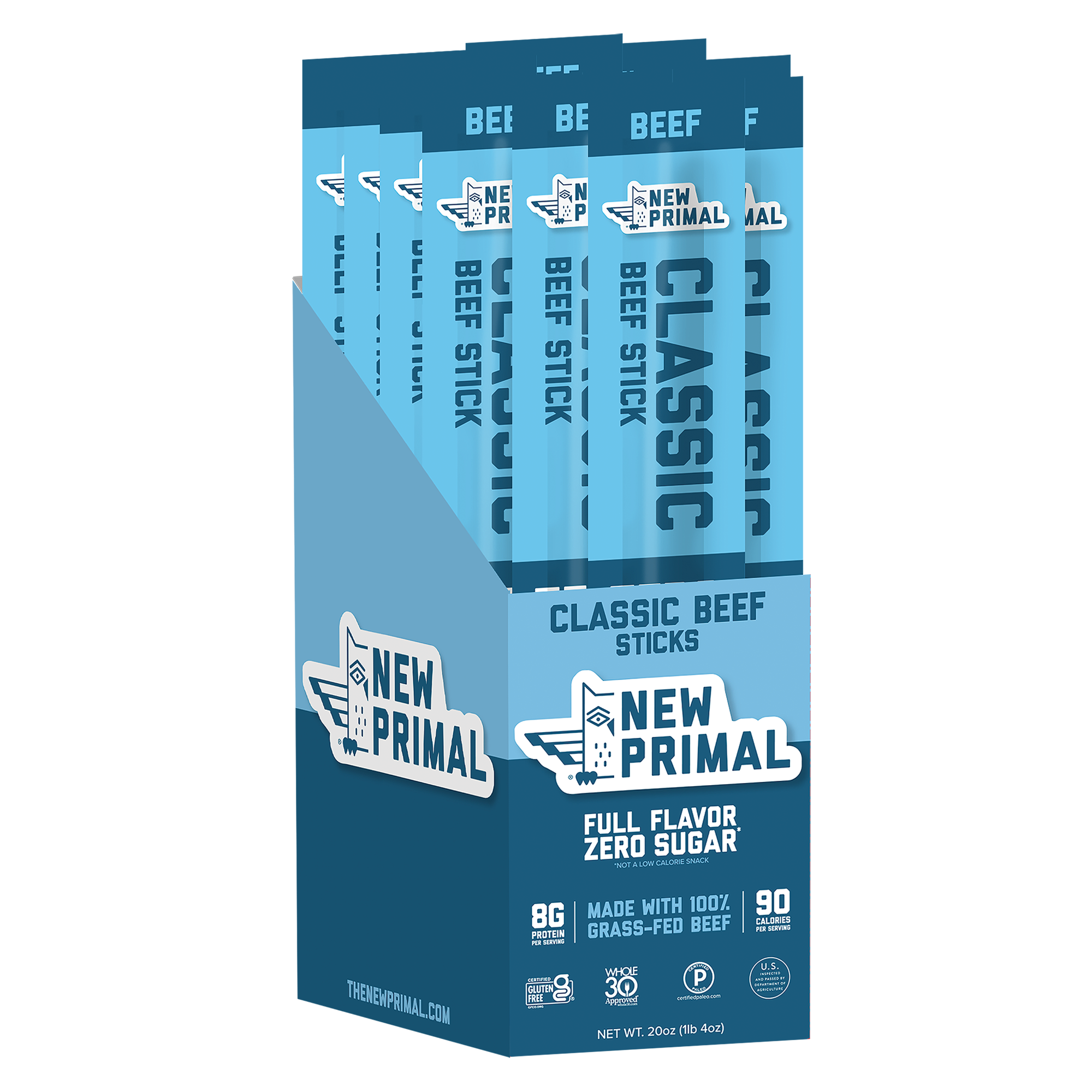 Packaging of New Primal Classic Beef Sticks on a white background