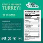 a two tone green graphic with ingredients for Lightly Peppered turkey sticks which include All-Natural* Turkey, Sea Salt, Contains Less Than 2% of Encapsulated Citric Acid, Lemon Peel, Cultured Celery Powder, Black Pepper, Garlic Powder, Ginger, Onion Powder, White Pepper, In Beef Collagen Casing. A white NFP highlights 45 cals, 1g of fat, 0g of sugar, and 7g of protein