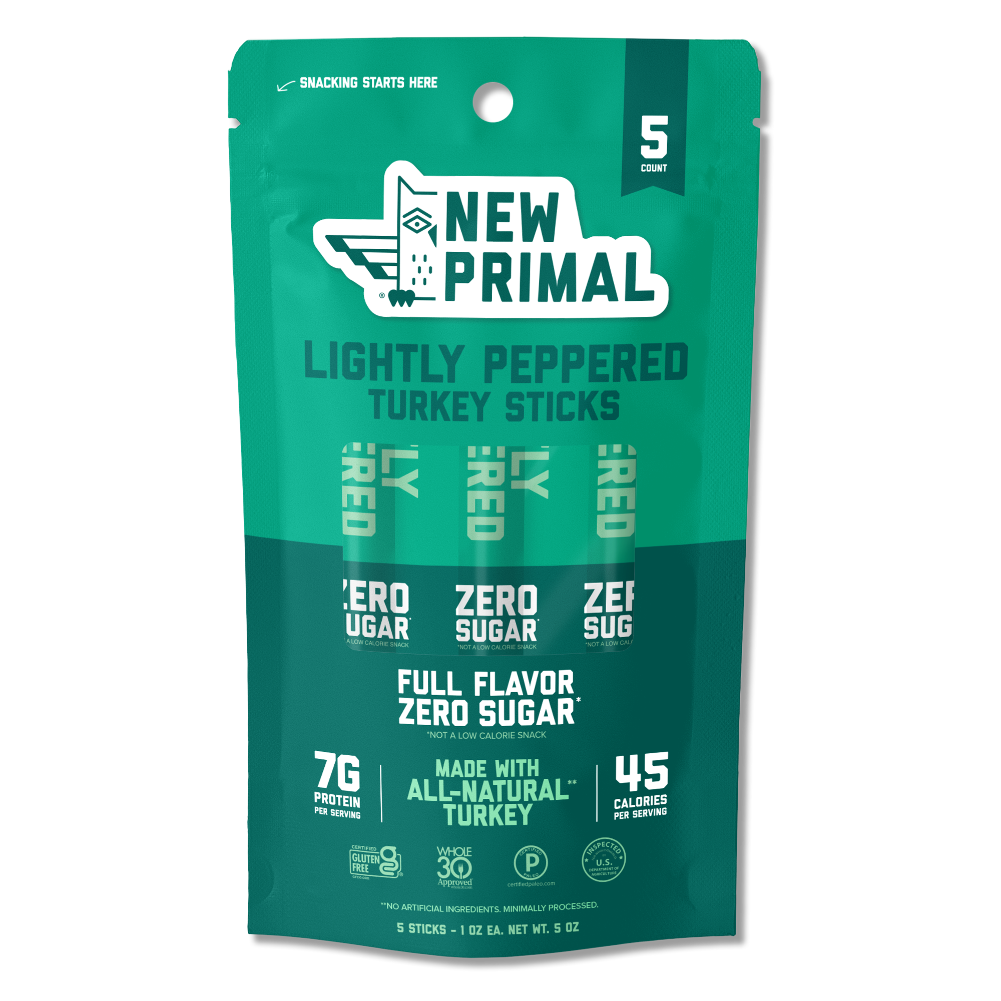 a two tone green bag of 5 Lightly Peppered Turkey sticks with callouts for 7g of protein, 45 calories, and full flavor with zero sugar.