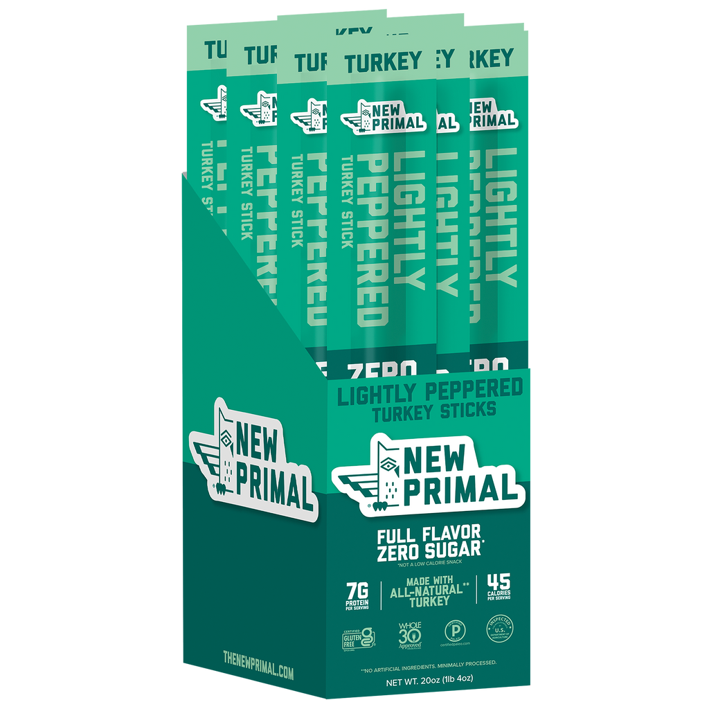Packaging of New Primal turkey sticks with green and white design.