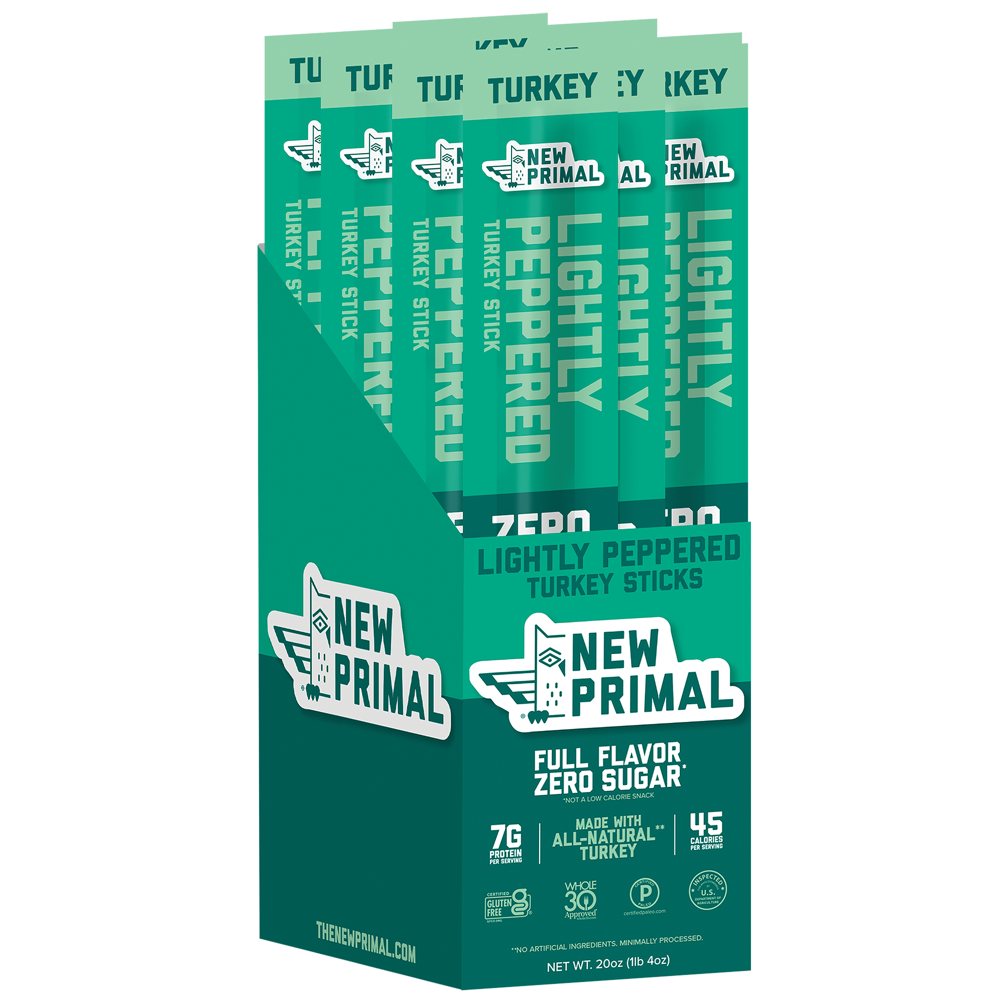 Packaging of New Primal turkey sticks with green and white design.