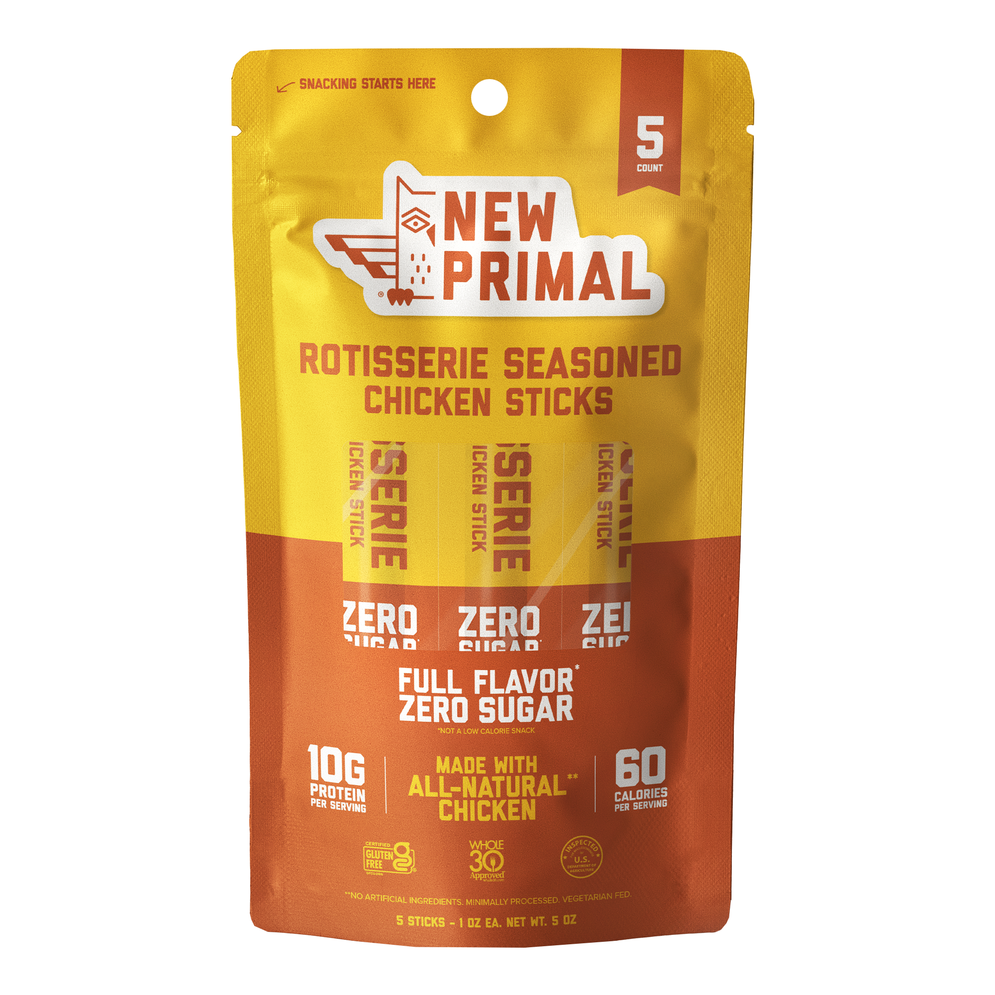 yellow and orange pack with 5 rotisserie seasoning chicken sticks in it against a white background