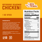 a orange and yellow background  with a list of ingredients as follows All-Natural Chicken* Raised Without Added Hormones** or Antibiotics, Sea Salt, Contains Less Than 2% of Dried Chicken Stock Water, Encapsulated Citric Acid, Cultured Celery Powder, Black Pepper, Garlic Powder, Cherry Powder, Coriander, Onion Powder, White Pepper, Parsley Flakes, Ground Nutmeg, In Beef Collagen Casing. A white NFP highlights 60 calories, 10g of protein, 2g of fat, and 0g of sugar.
