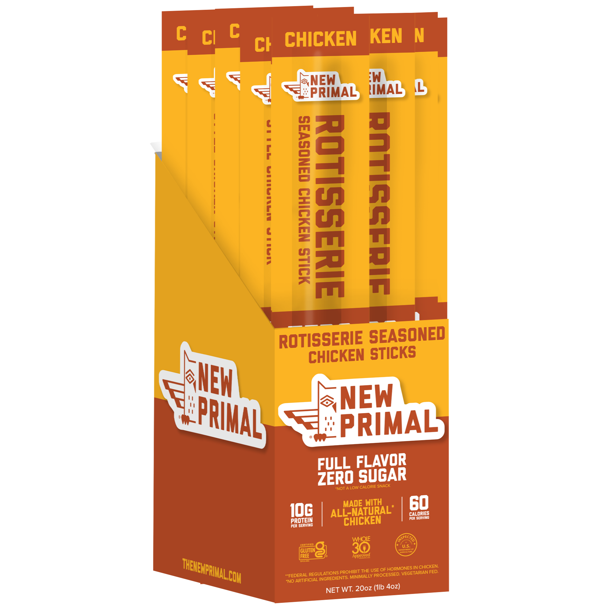 Packaging of New Primal rotisserie seasoned chicken sticks on a white background