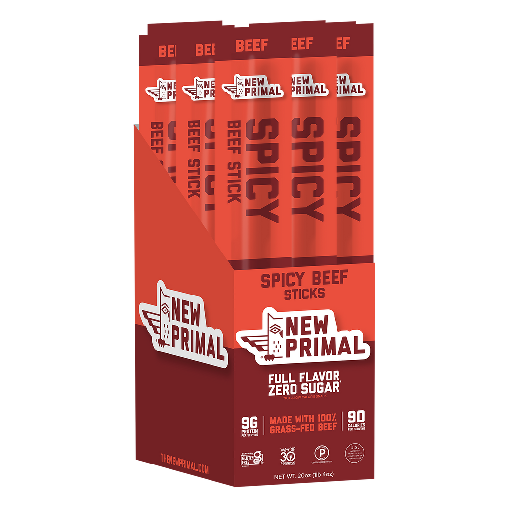 Box of New Primal Spicy Beef Sticks on a white background