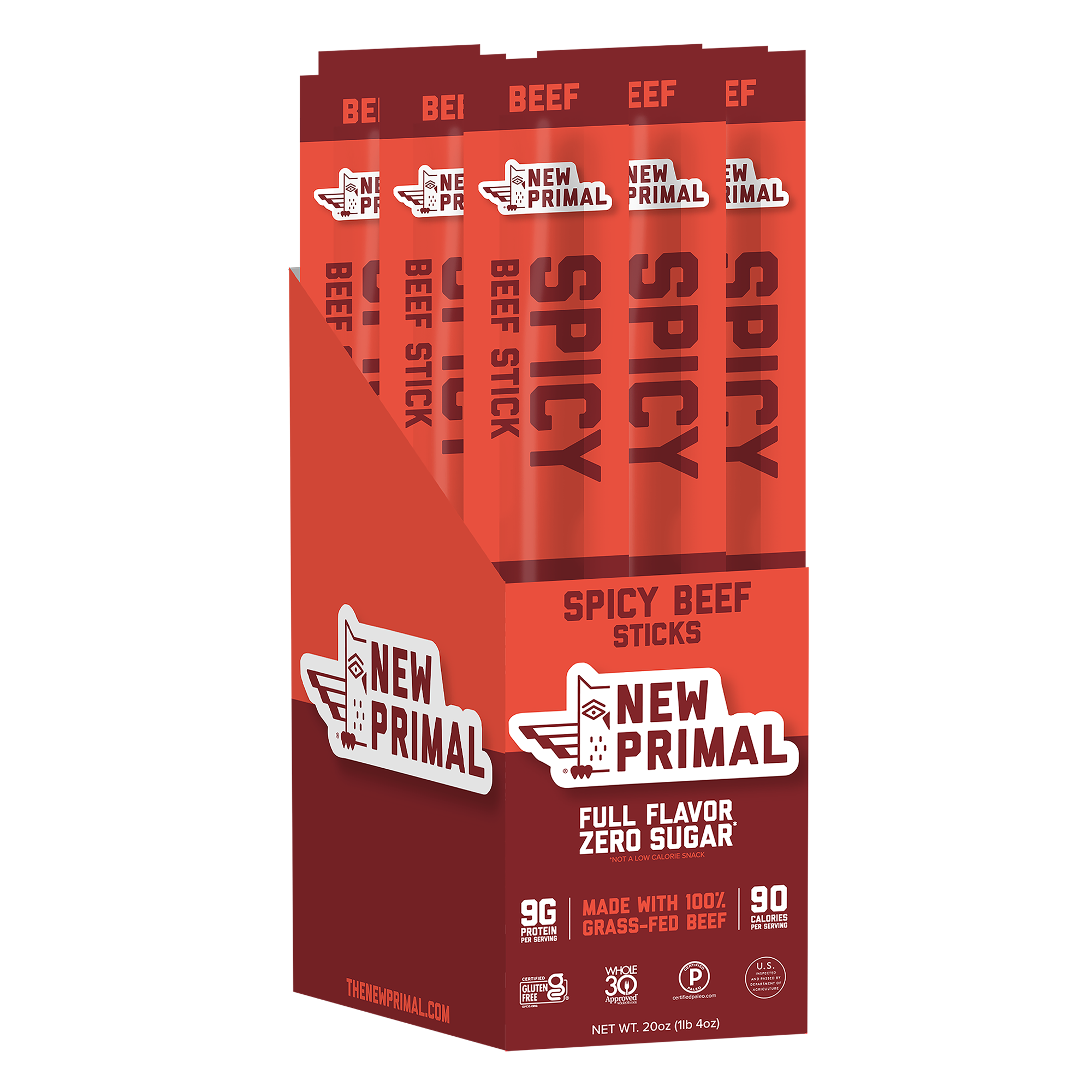 Box of New Primal Spicy Beef Sticks on a white background
