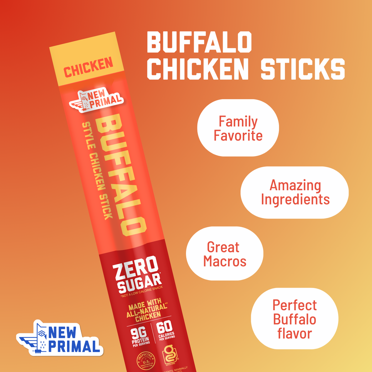 A promotional graphic for New Primal Buffalo Chicken Sticks, featuring a single red and yellow stick package on a warm orange-to-yellow gradient background with text callouts including 'BUFFALO CHICKEN STICKS,' 'CHICKEN,' and marketing phrases like 'Family Favorite,' 'Amazing Ingredients,' 'Great Macros,' and 'Perfect Buffalo flavor.'.