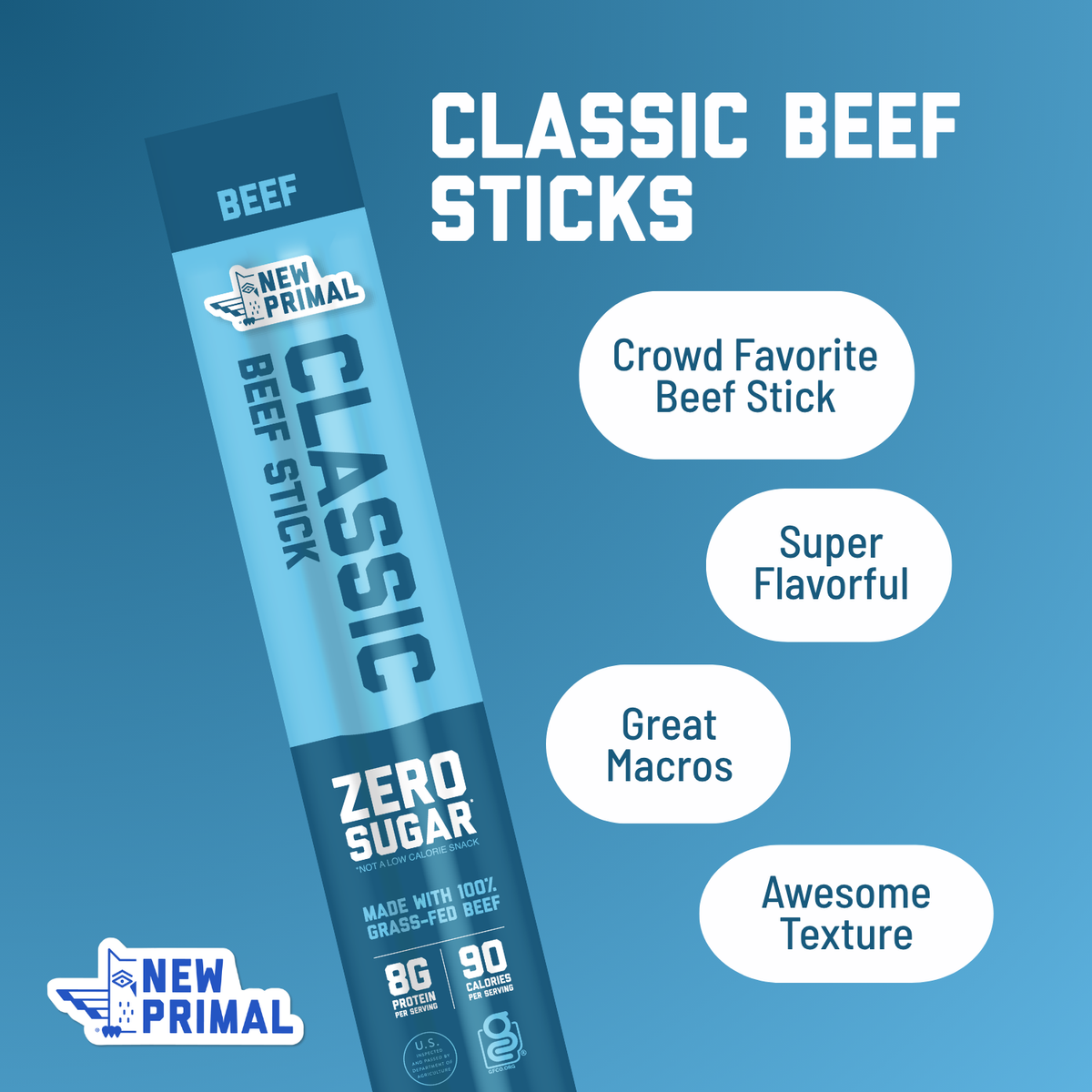 Classic Beef Meat Sticks, 100% Grass-Fed Beef, Zero Sugar (5 Sticks)