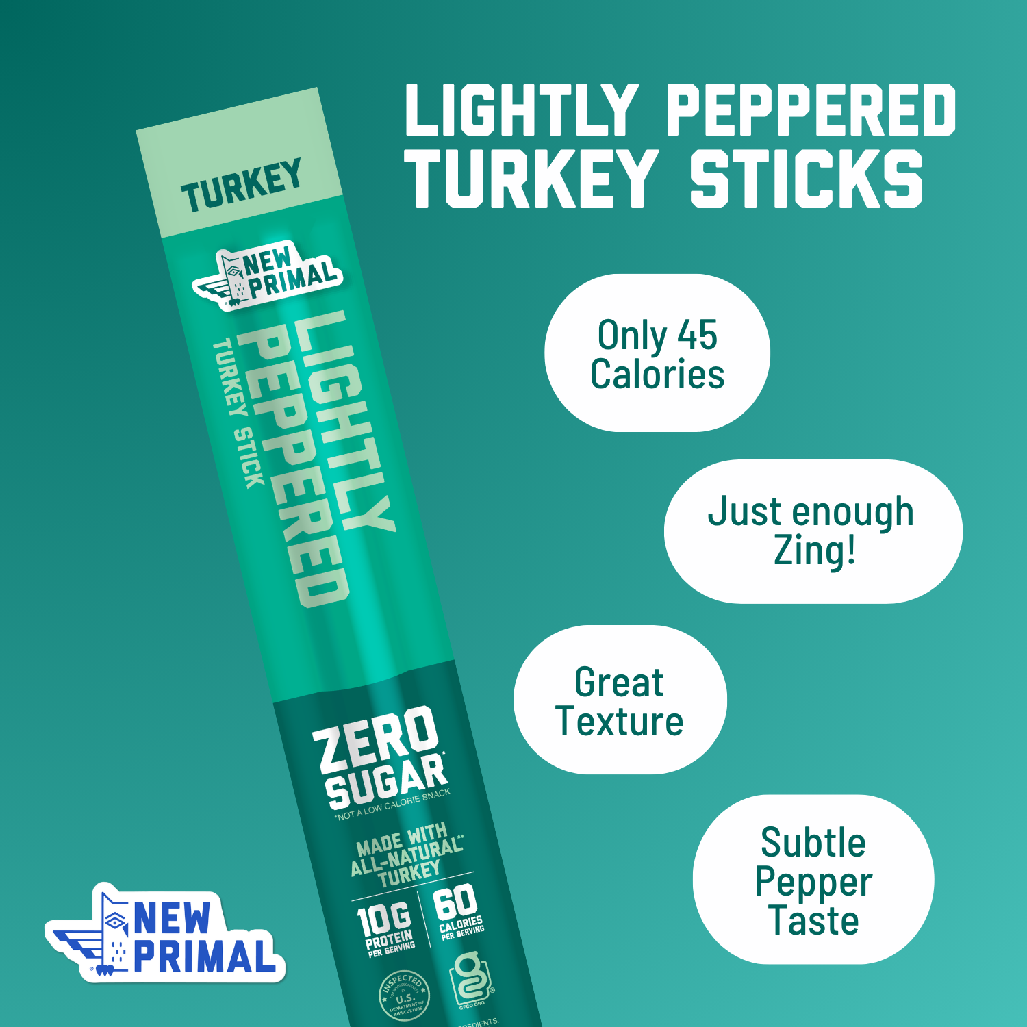 Lightly Peppered Turkey Meat Sticks, All-Natural Turkey, Zero Sugar (20 Sticks)