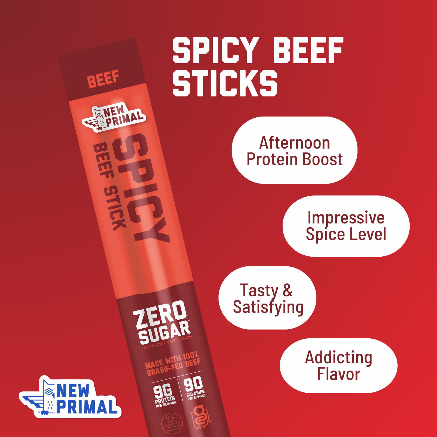 Spicy Beef Meat Sticks, 100% Grass-Fed Beef, Zero Sugar (20 Sticks)