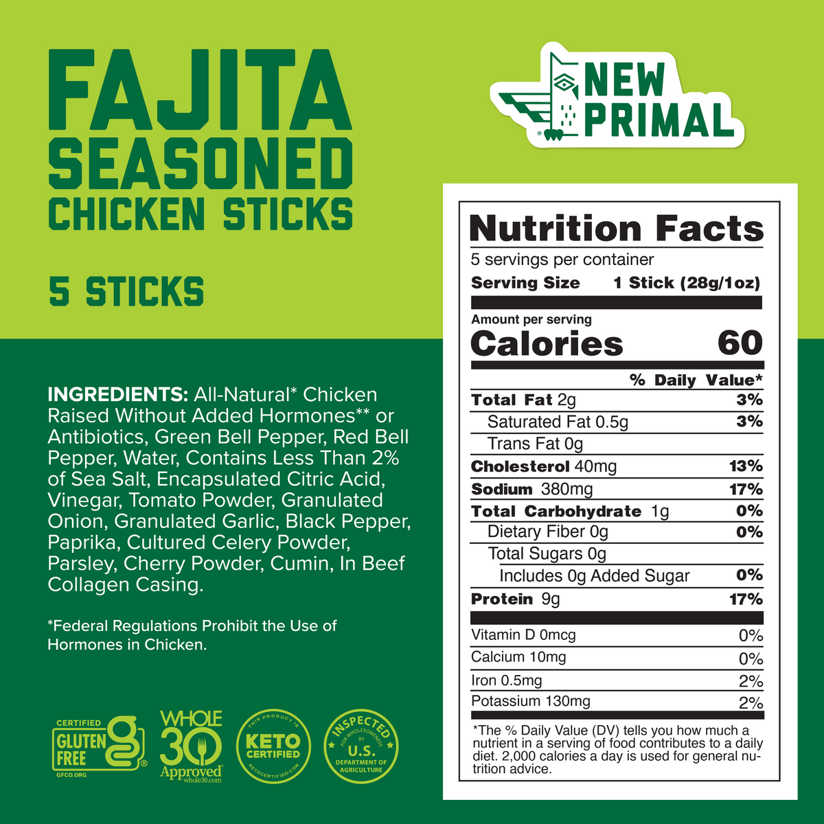 Fajita Chicken Sticks, All-Natural Chicken, Zero Sugar (5 Sticks)