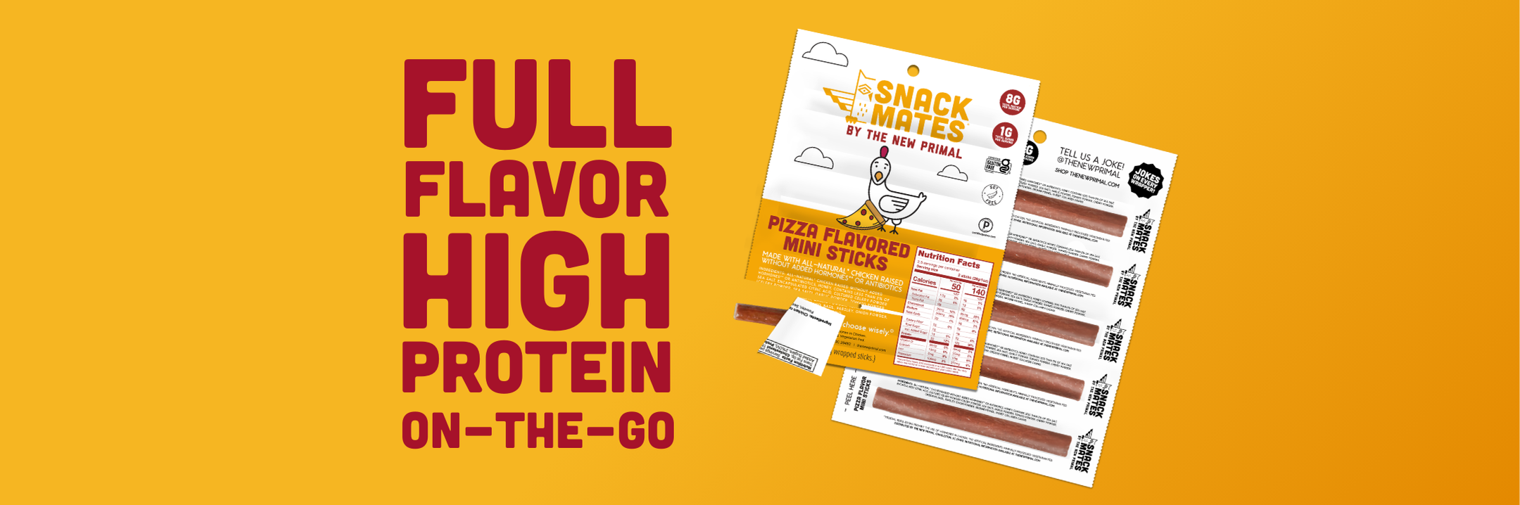 Pizza mini stick packaging with text 'Full Flavor High Protein On-The-Go' on a yellow background