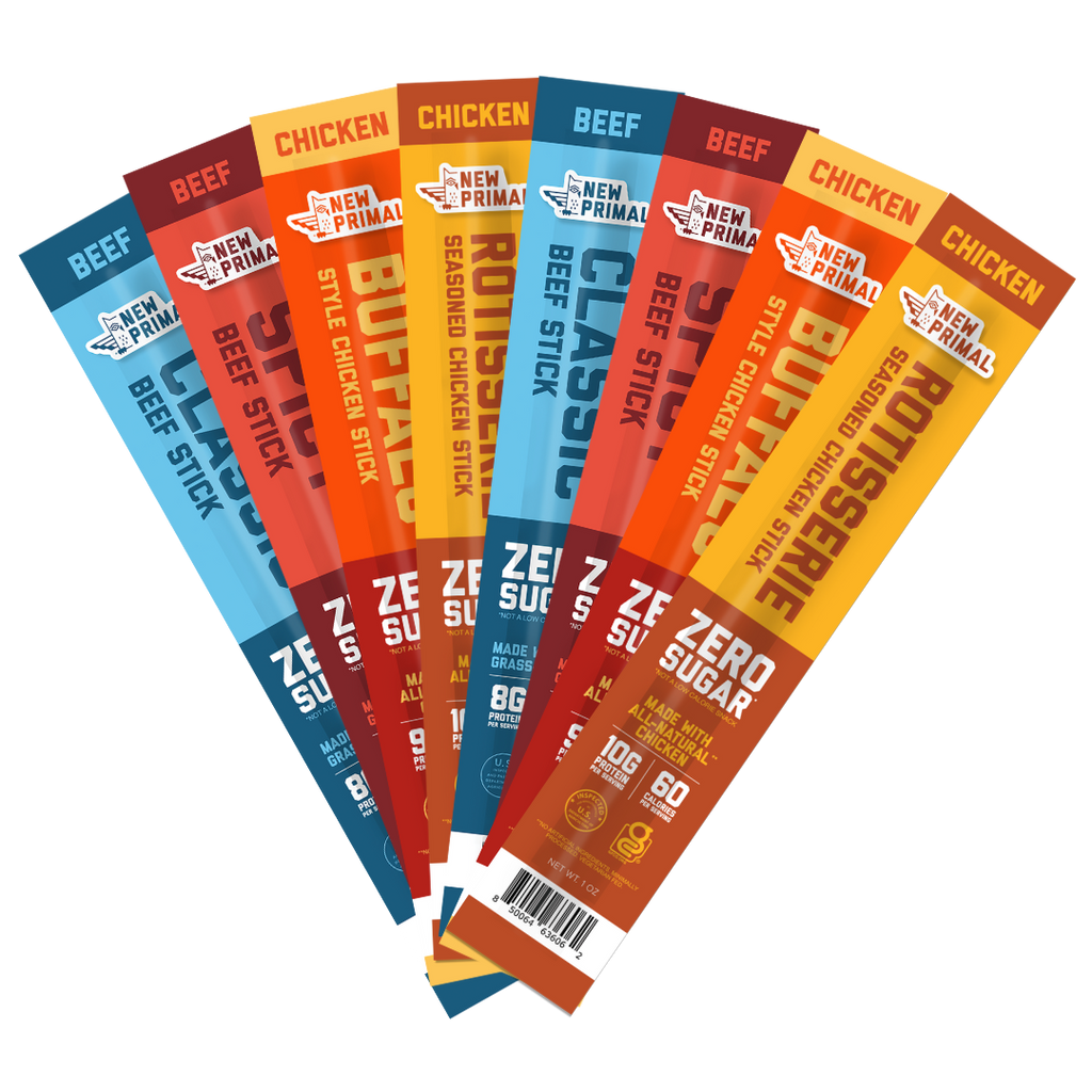 2 of each of the following: Classic Beef Sticks, Spicy Beef Sticks, Buffalo Chicken Style Sticks, and Rotisserie style Chicken Sticks, fanned out against a white backgound.