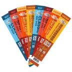 2 of each of the following: Classic Beef Sticks, Spicy Beef Sticks, Buffalo Chicken Style Sticks, and Rotisserie style Chicken Sticks, fanned out against a white backgound.