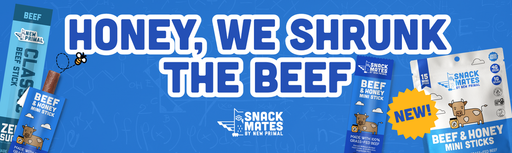 Grass-Fed Beef & Honey Mini Sticks showcased on a blue background with the tagline 'Honey, We Shrunk the Beef'