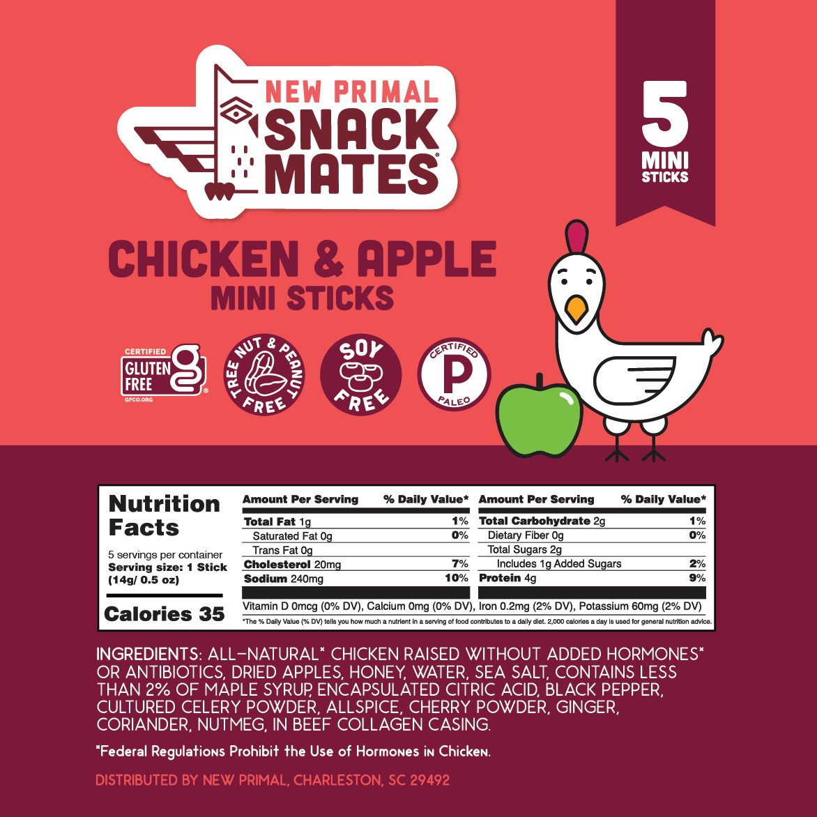 Front packaging panel for New Primal Snack Matés Chicken & Apple Mini Sticks, showing the brand logo, flavor text, a cartoon chicken holding an apple, nutrition facts, and a 5-stick count on a coral-red background.