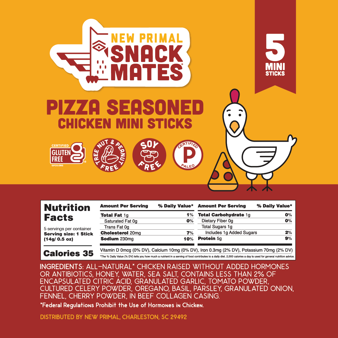 Front of a New Primal Snack Mates Pizza Seasoned Chicken Mini Sticks package, showing a cartoon chicken, a red and white logo, a nutrition facts panel, and a white background around the main label area.