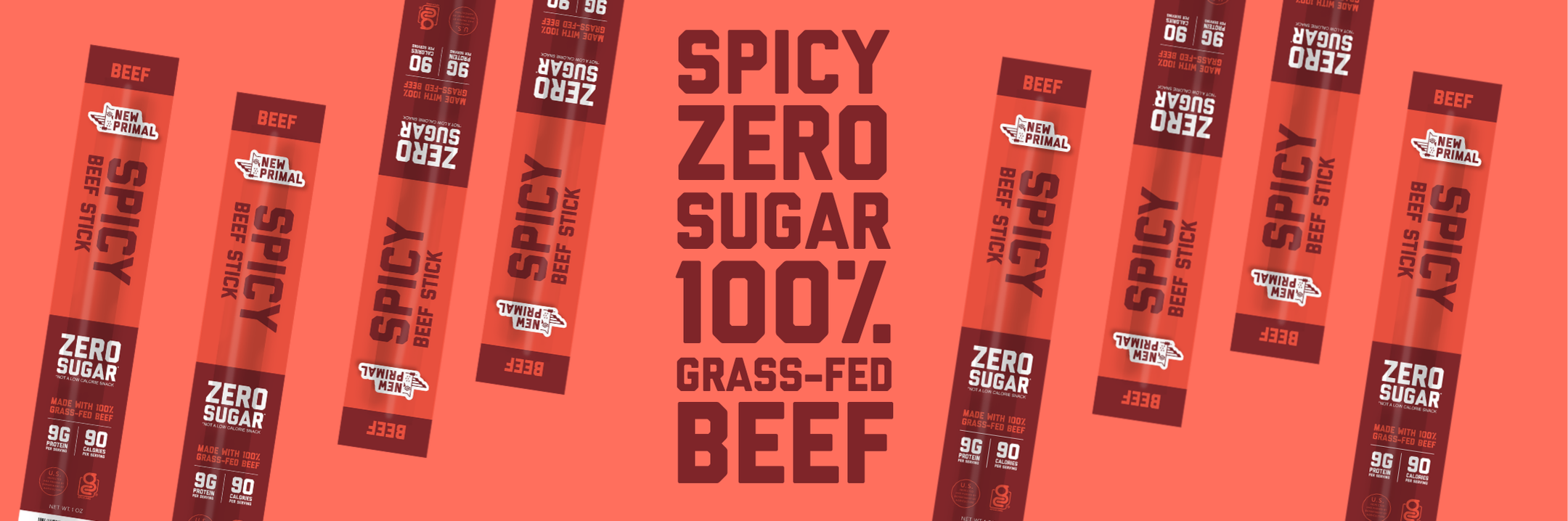 Spicy beef stick packaging with text "spizy zero sugar 100% grass-fed beef" on a red background