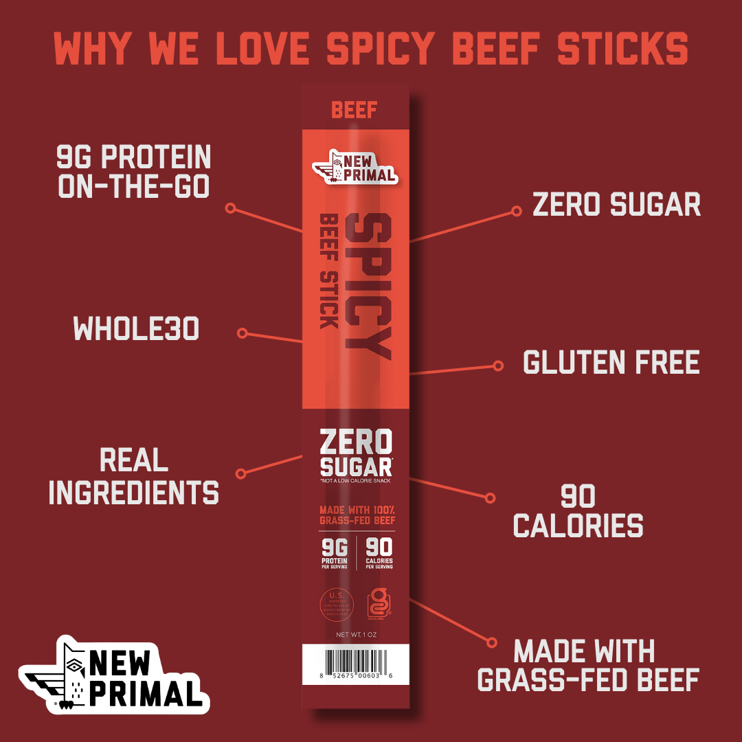 a single spicy beef stick on a red background with the callouts 9g of protein, on the go, zero sugar, whole30, gluten free, real ingredients, 90 calories, and made with grass fed beef.