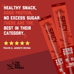 a red graphic with two spicy beef sticks on the right. On the left is a customer review from Travis O which states "healthy snack, good protein, no excess sugar. These are the best in their category." 5 stars.