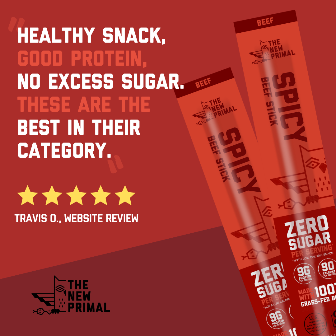 a red graphic with two spicy beef sticks on the right. On the left is a customer review from Travis O which states "healthy snack, good protein, no excess sugar. These are the best in their category." 5 stars.