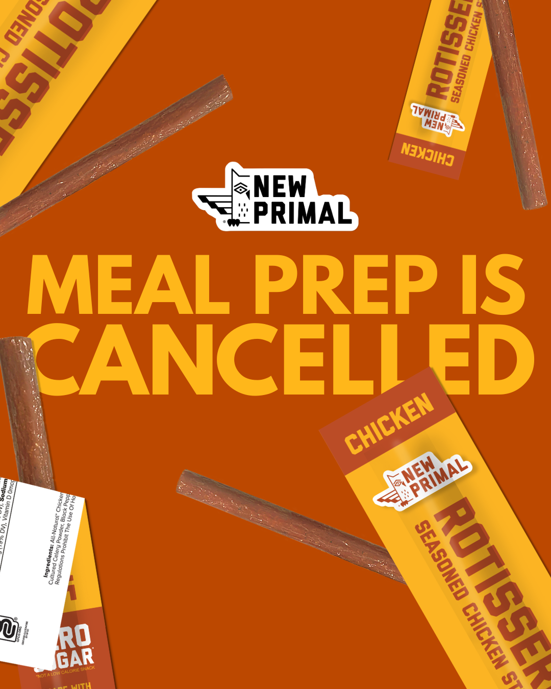 a graphic with rotisserie chicken sticks spread out with the words "meal prep is cancelled" on it