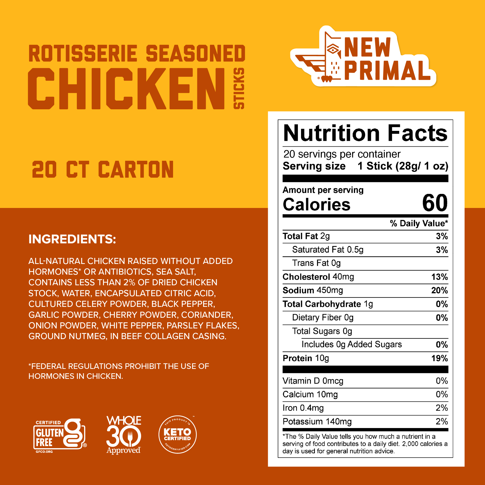 Rotisserie Seasoned Chicken Sticks nutrition label and packaging design on an orange background, showing a nutrition facts panel and product branding by New Primal.