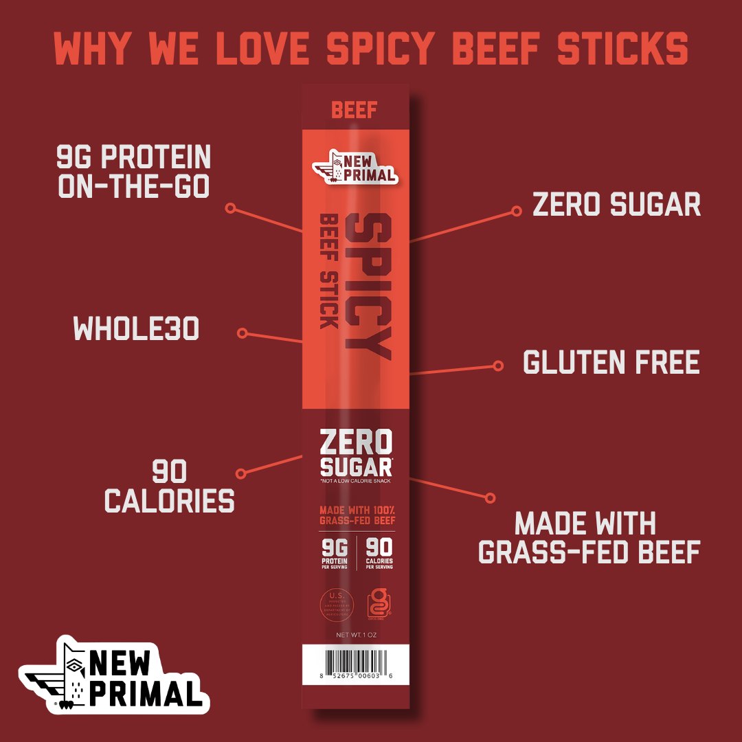 A promotional graphic for a New Primal beef stick snack. The center shows a tall orange-red package labeled 'SPICY' and 'ZERO SUGAR' on a dark red background.