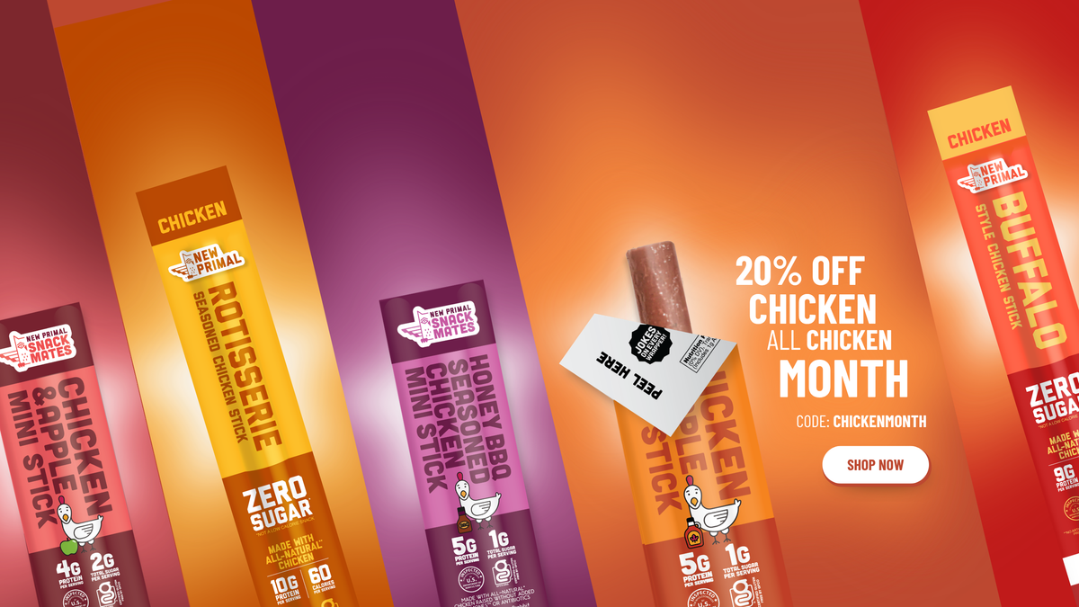 promo graphic showing 20% off chicken sticks with code chicken month and 5 chicken sticks against a multicolored background